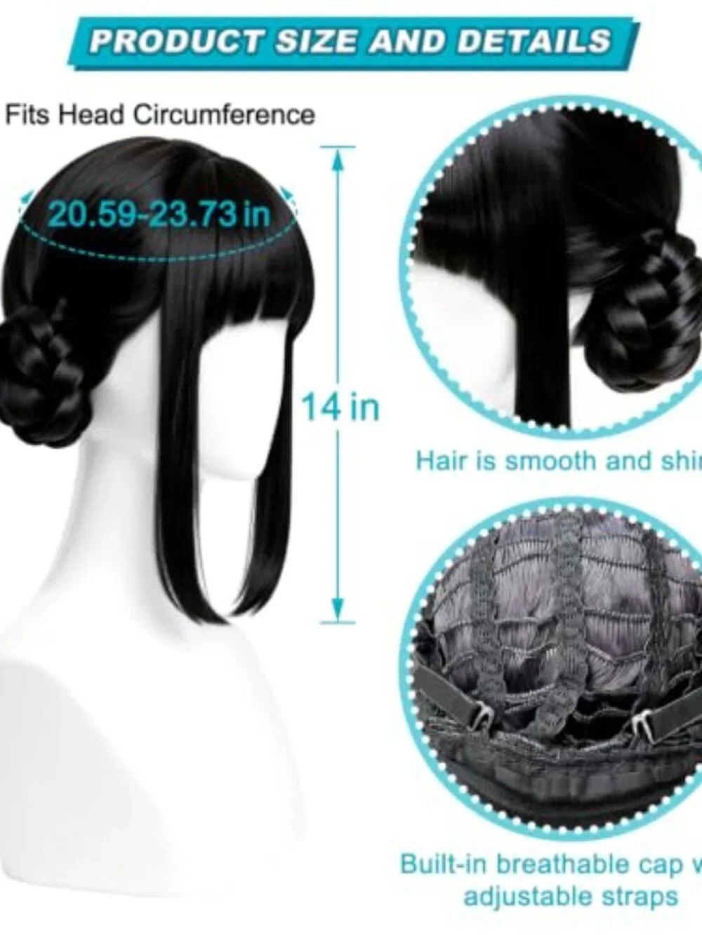 Black Anime Cosplay Wig for Adults with Bun and Bangs, Synthetic Wig